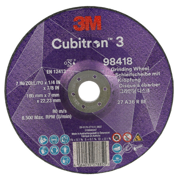 3M™ Cubitron™ 3 Afbraamschijf met verlaagd asgat, 98418, 36+, T27, 180 mm x 7 mm x 22,23 mm, EN, 10/verpakking, 20 stuks/doos