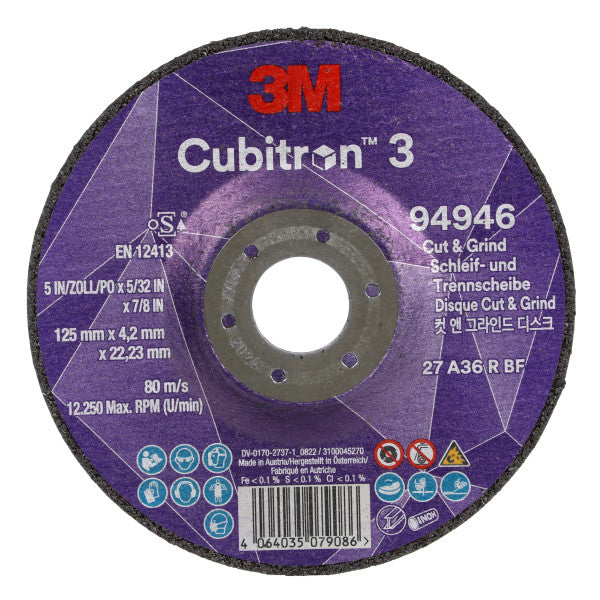 3M™ Cubitron™ 3 Cut & Grind-schijf, 94946, 36+, T27, 125 mm x 4,2 mm x 22,23 mm, EN, 10/verpakking, 20 stuks/doos