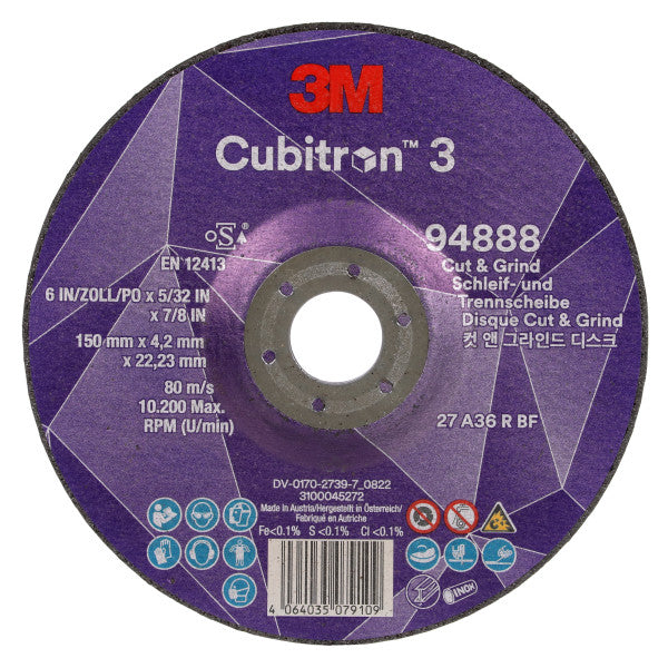 3M™ Cubitron™ 3 Cut & Grind-schijf, 94888, 36+, T27, 150 mm x 4,2 mm x 22,23 mm, EN, 10/verpakking, 20 stuks/doos