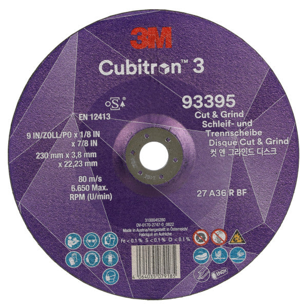 3M™ Cubitron™ 3 Cut & Grind-schijf, 93395, 36+, T27, 230 mm x 3,8 mm x 22,23 mm, EN, 10/verpakking, 20 stuks/doos