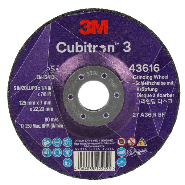 3M™ Cubitron™ 3 Afbraamschijf met verlaagd asgat, 43616, 36, T27, 125 mm x 7 mm x 22,23 mm, speciale voor maken van groeven EN, 10/verpakking, 20 stuks/doos