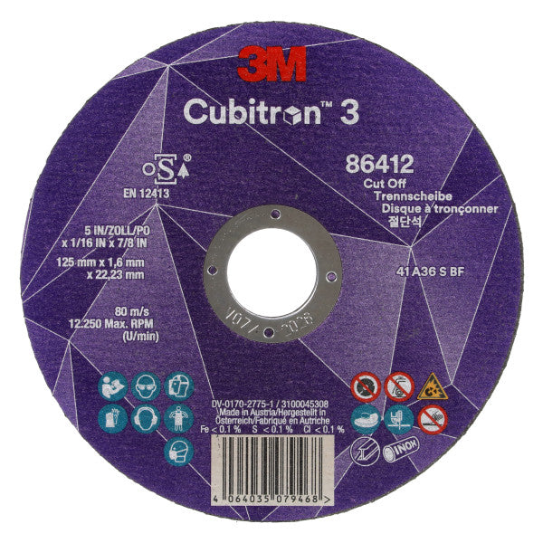 3M™ Cubitron™ 3 doorslijpschijf, 86647, 60+, T41, 125 mm x 1 mm x 22,23 mm, EN, 25/verpakking, 50 stuks/doos