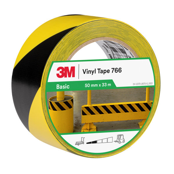 3M™ Waarschuwingsmarkeringtape 766, Geel/Zwart, 50 mm x 33 m, Individueel en handig verpakt