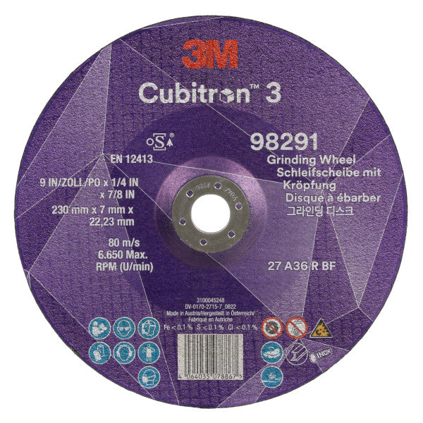 3M™ Cubitron™ 3 Afbraamschijf met verlaagd asgat, 98291, 36+, T27, 230 mm x 7 mm x 22,23 mm, EN, 10/verpakking, 20 stuks/doos
