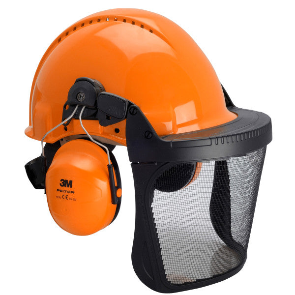 3M™ Bosbouwcombinatie, G3000 oranje veiligheidshelm, H31 gehoorkappen, FH1 houder en 5C gaas gelaatsscherm, G3000NOR31FH15C
