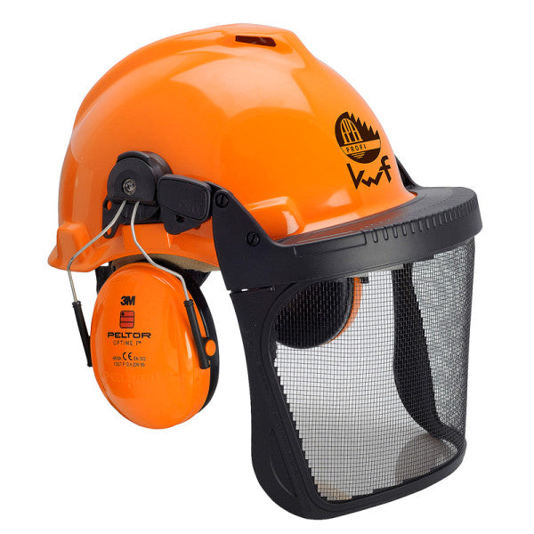 3M™ Bosbouwcombinatie, FPA, G3000 oranje veiligheidshelm, H31 gehoorkappen, FH1 houder en 5B gaas gelaatsscherm, G3000MOR31FH15B